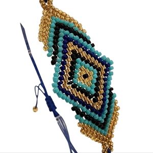 Boho dainty bracelet petite beads adjustable length blue turquoise gold